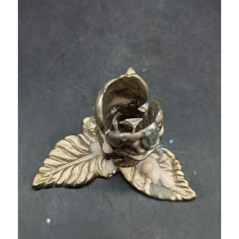 Vintage Metal Rose Bud Taper Candle Holder Floral Leaf Base Gold Tone Metal 2.5